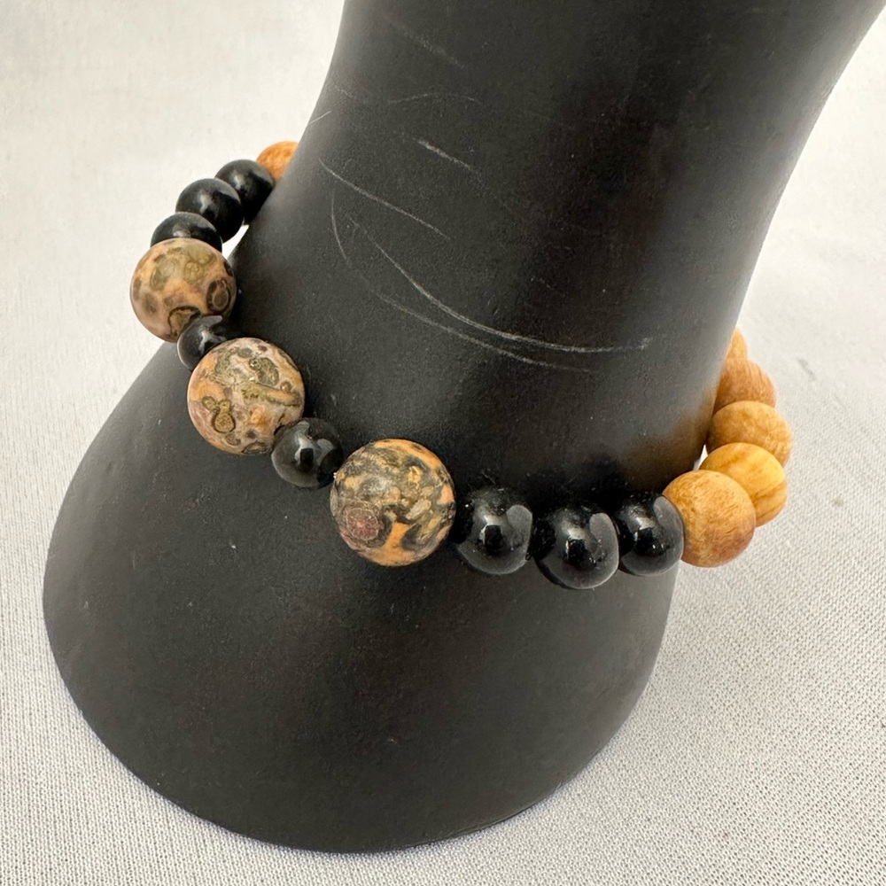 Handcrafted Palo Santo wood Leopard Skin Jasper and Black Obsidian bead bracelet